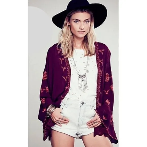Free People Other - Free People Boho Lace Eyelet Maroon Kimono Jacket